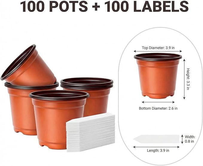 100 Pack 4 Inch Plastic Nursery Pots, Seed Starter Pots with Drainage Holes, Small Plant Containers for Seedlings, Seed Starting Flower Pots with 100 Plant Labels