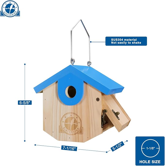 SISTERBIRD Wren Bird Houses for Outside Cedar Hanging Birdhouses for Outdoors 1-1/8" Entrance Hole Bird Houses for Outside Clearance Wooden Nesting Box Chickadee Predator Guard, Blue