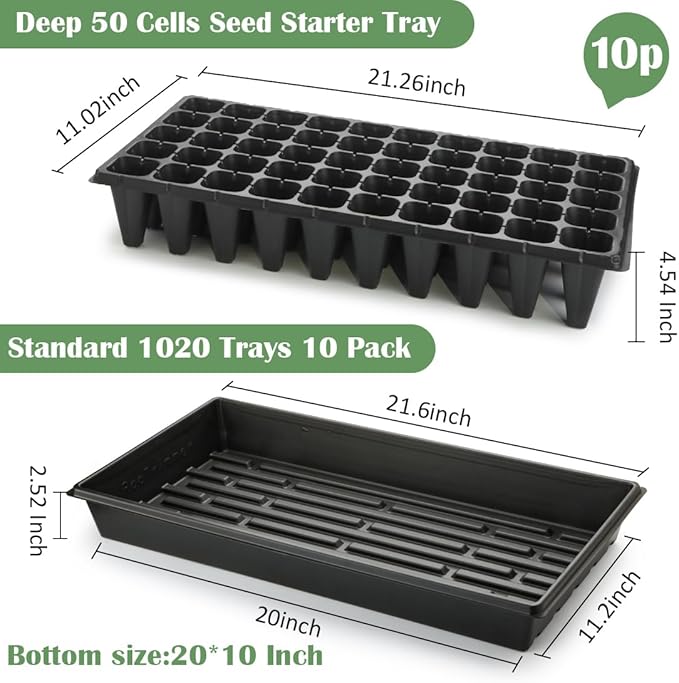 RooTrimmer 10 Pack 1020 Trays and 10 Pack 3.5" Deep 50 Cell Seed Starter Trays, 20" x 10" - Durable Plastic Nursery Flats for Microgreens, Seedling,Seed Germination & Plant Propagation (10 Set)