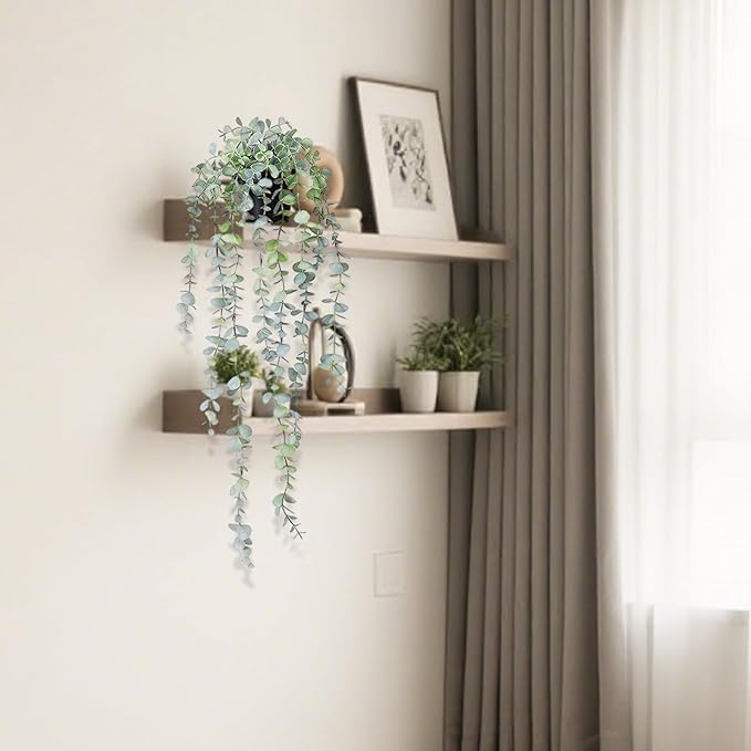 Clearain 1pcs Fake Hanging Plants, Artificial Small Potted Plants, Mini Faux Succulent Plant for Indoor Outdoor Aesthetic Office Living Room Shelf Home Decor (Eucalyptus leaves-1pcs)