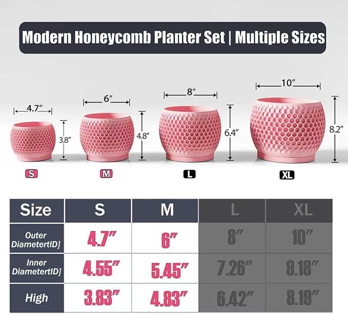 Plant Pots, Modern 3D Printed Honeycomb Planters for Indoor Plants, 4.7/6 Inch Cherry Pink Decorative Flower Pot for Office Desktop, Bookshelf & Home Decor, Lightweight & Durable.