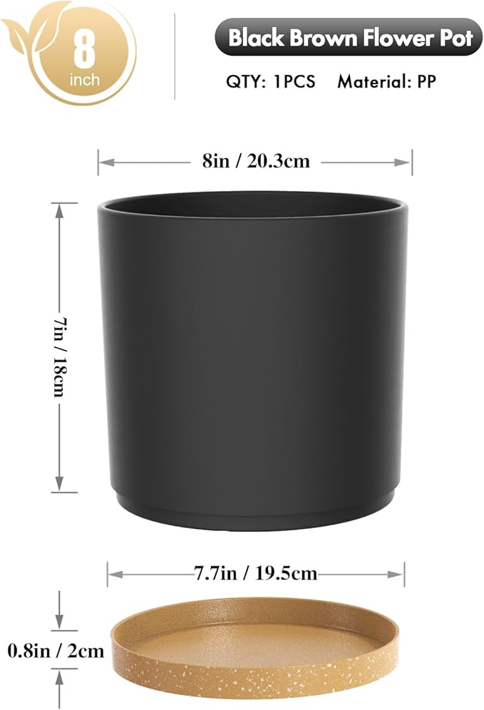 WSMKSZ 8 Inch Cylinder Plant Pots for Indoor Outdoor Plants, Medium Deep Flower Pots with Drainage Holes & Saucer, Decorative Plastic Planter Pots for Garden House Plants, Black with Brown