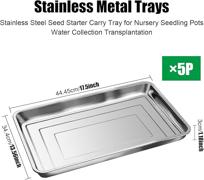 RooTrimmer 5 Pack Large Stainless Steel Seedling Trays, Heavy Duty Metal Water Catch Trays for Nursery Pots-Transplant, Seed Germination & Propagation Flats (17.5 inch×13.56 inch, 1.18" Height)
