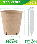 3.15Inch Peat Pots 60Pcs Biodegradable Pots for Seedling, Round Plant Seed Starter Pots with 60Pcs Plant Labels, Garden Germination Nursery Pots for Flower Vegetable Saplings & Herb Seed Germination