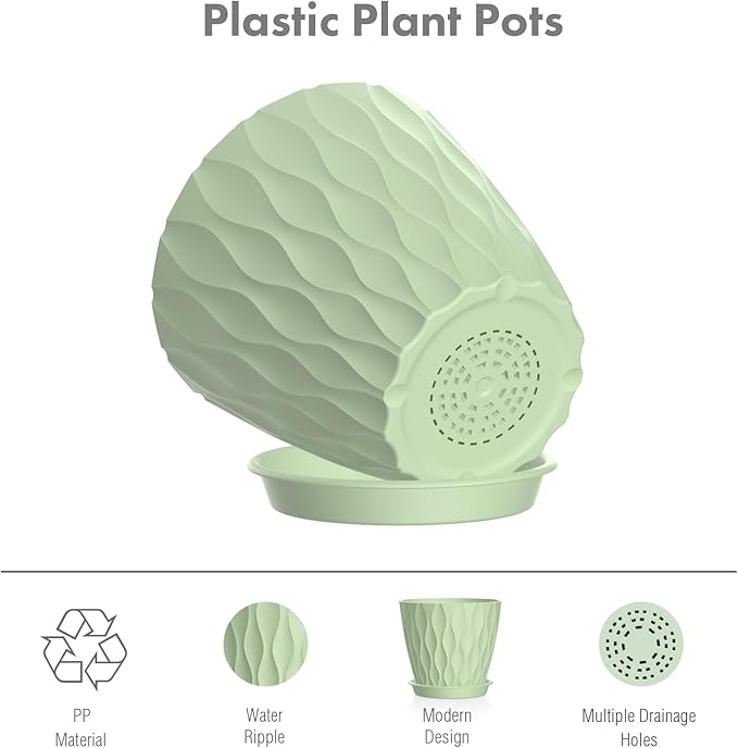 Meowell 6 inch Plant Pots, 5 Set Water Ripples Flower Pots for Indoor Outdoor Plants, Plastic Planters with Drainage Holes and Saucers, Nursery Pots for Small Succulent Garden House Plants, Green