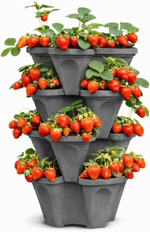 Vertical Garden Planter 4 Tier Stackable System 16 Plants, Space Saving Herb, Strawberry & Food Crop Planter with Center Support Hole for Indoor Outdoor Gardening (4, Slate Gray, Small)