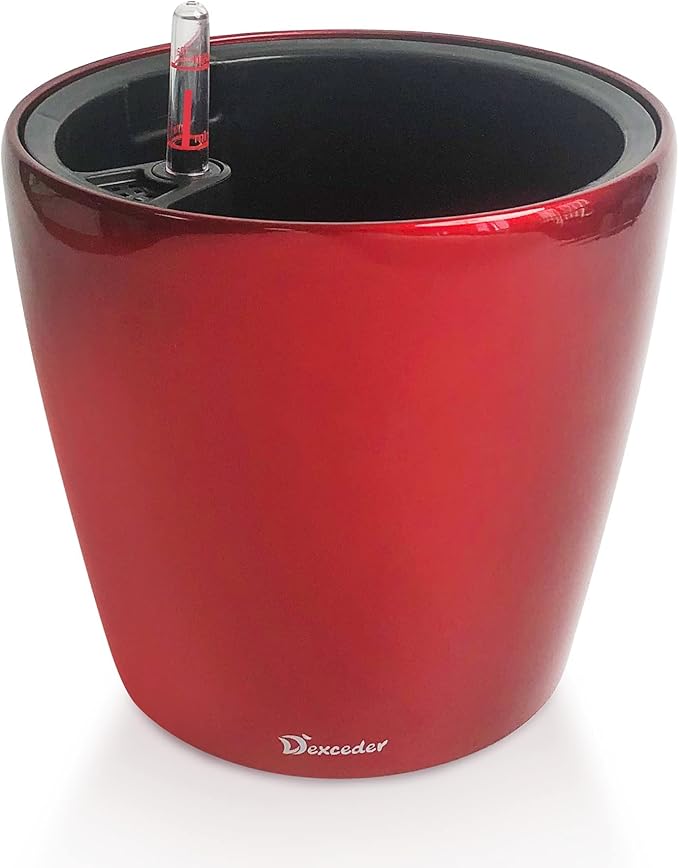 Dexceder 9x8 Self Watering Planter (Red High Gloss) | Inner Pot Design, Thickened Table Flower Plant Pot with Water Level Indicator Indoor Outdoor