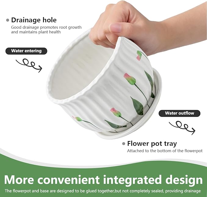SHECIPIN Plant Pots for Indoor Plants Set of 3, 4+5.3+6.7 Inch Ceramic Plant Pots with Drainage Hole，Cute Garden Pots Succulent Pots with Saucer