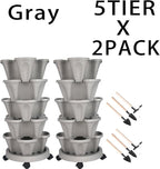 GameXcel Vertical Planter Tower - 5 Tier Stackable Garden Planters with Wheels and Tools Plant Pots for Strawberry Herb Flower and Vegetable Indoor Outdoor Use Gray 2 Pack