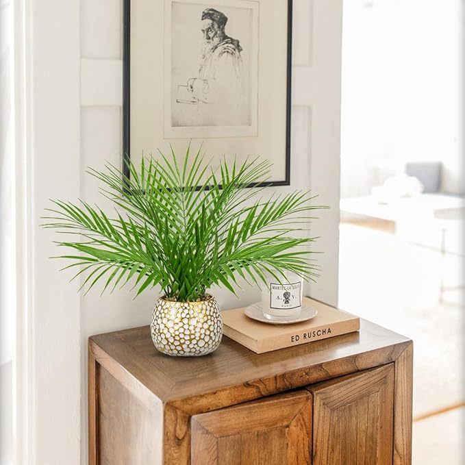 Briful Fake Plants 15'' Faux Palm Plant in Gold-White Pot Realistic Artificial Plants Indoor for Home Farmhouse Centrepieces Wedding Decorations