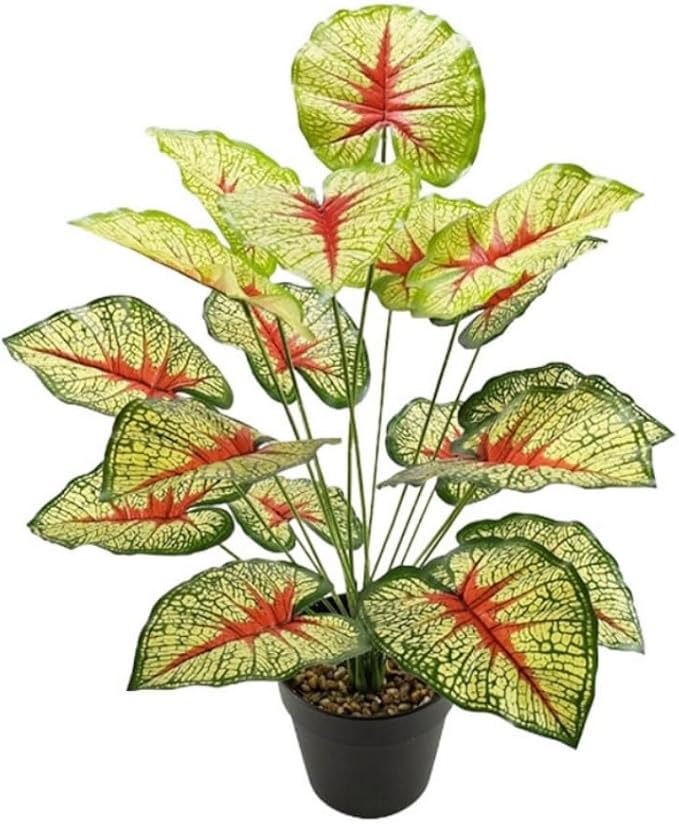 Artificial Caladium Plant with Red and Green Leaves, Red Leaf Artificial Plants Decoration Simulated Bonsai Potted Decor Home Room Party Wedding Office Floor (Yellow(No Flowerpot), 75cm)
