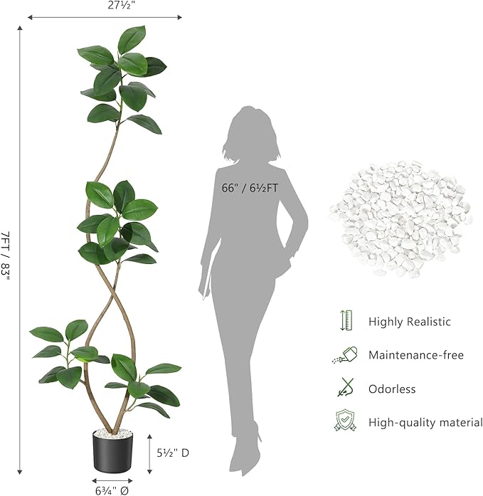 7ft Artificial Rubber Tree, Tall Fake Plants with Black Planters, Artificial Plants Indoor with White Pebbles for Home Decor Office Living Room