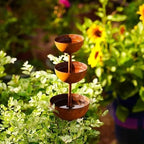 Rain Catcher - Plant Support Metal Garden Ornament,3-Tier Rain Catcher Garden Stake with Water Bowls,Rusty Metal Flower GardenStakes Bird Bath,Bird Bath & Bee Watering Station for Outdoor Patio Decor