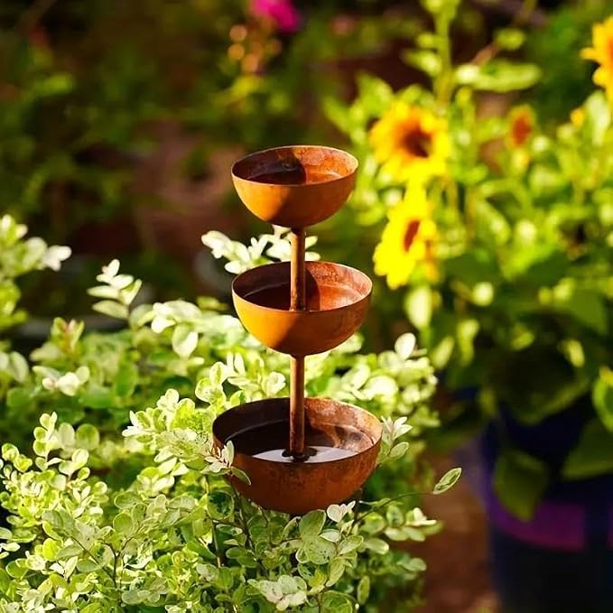 Rain Catcher - Plant Support Metal Garden Ornament,3-Tier Rain Catcher Garden Stake with Water Bowls,Rusty Metal Flower GardenStakes Bird Bath,Bird Bath & Bee Watering Station for Outdoor Patio Decor