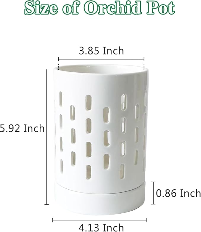 Orchid Pots with Holes,4 Inch Ceramic Orchid Pot for Repotting, Plant Pot for Repotting Orchids and Other Flowers - Indoor/Outdoor White