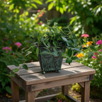 Hosley Set of 4 Green Patina Embossed Metal Planters with Ornate Floral Design, 5.25" L x 5.25" W x 5" H – Ideal for Floral Arrangements, Home Décor, Garden Accents, Rustic Weddings.
