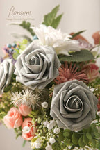 Floroom Artificial Flowers 50pcs Real Looking Shimmer Silver Grey Foam Fake Roses with Stems for DIY Christmas Tree Xmas Wedding Bouquets Party Tables Centerpieces Floral Arrangements Home Decor