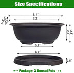 MUZHI 3 Pack Oval Bonsai Training Pot with Drainage Tray, Matte Finish Succulent Growing Pot for Home Garden Plant Outdoor Indoor Container (7.2" Medium)