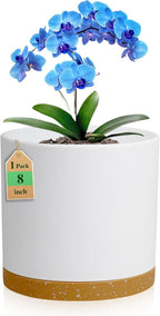 WSMKSZ 8 Inch Cylinder Flower Pots for Indoor Outdoor Plants, Medium Deep Plant Pots with Drainage Holes & Saucer, Decorative Plastic Planter Pots for Garden House Plants, White with Brown