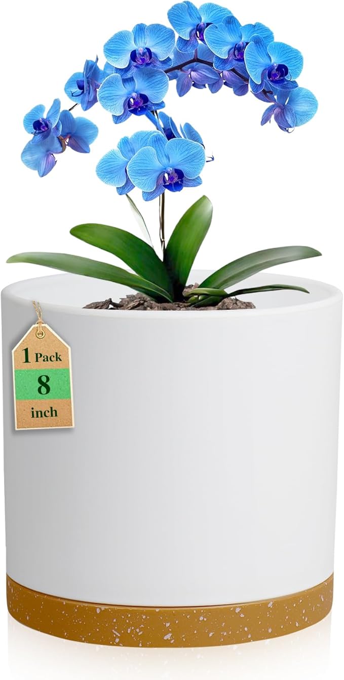 WSMKSZ 8 Inch Cylinder Flower Pots for Indoor Outdoor Plants, Medium Deep Plant Pots with Drainage Holes & Saucer, Decorative Plastic Planter Pots for Garden House Plants, White with Brown