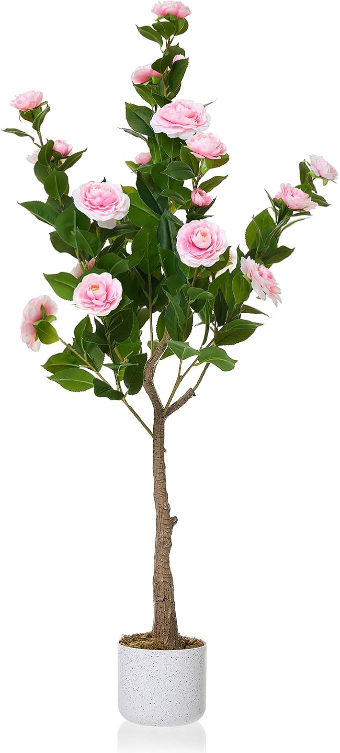Garvee 4FT Artificial Camellia Tree, Faux Camellia Plant with White Planter and 24 Pink Flowers, 47" Fake Potted Flower Trees for Home and Office Decor, Pink