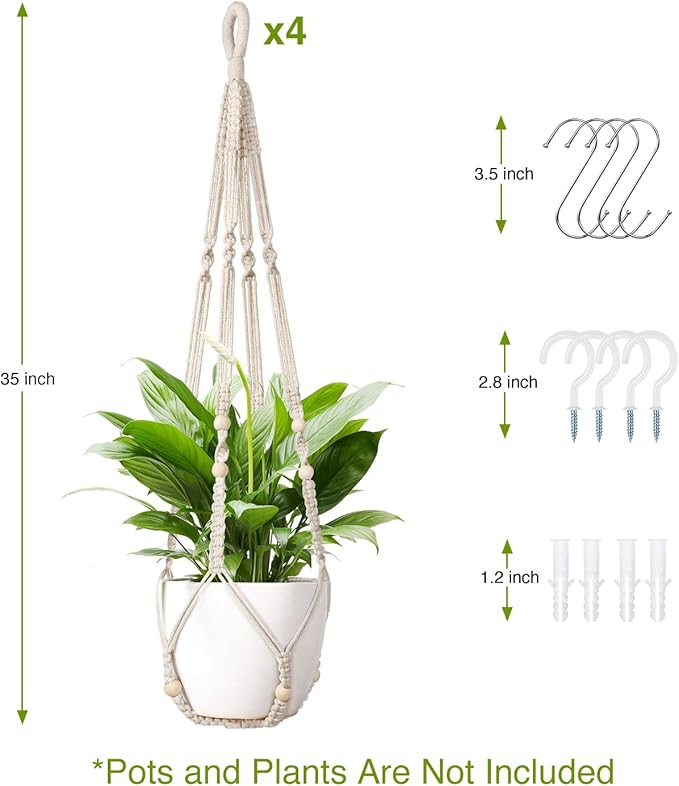 LEWESU Macrame Plant Hanger Indoor Set of 4 with 8 Hooks, Indoor Outdoor Hanging Planter for Plants Holder with Decorative Wood Beads & No Tassels, Boho Home Decor, 35 Inch Ivory (Pots Not Included)