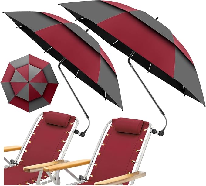 2 Pack 48.6" Double Canopy Beach Umbrella with Clamp, UPF50+ Beach Chair Umbrella with clip, 360°Adjustable Portable Outdoor(Wine Red/Grey, Not Include Chair)
