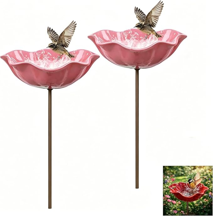 Handmade Metal Flower Garden Stake Bird Bath, Hummingbird Feeder, Bee & Butterfly Puddler, Mini Pollinator Watering Station for Garden Patio Lawn Yard Decor, Pink, 2PCS