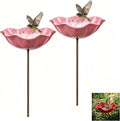 Handmade Metal Flower Garden Stake Bird Bath, Hummingbird Feeder, Bee & Butterfly Puddler, Mini Pollinator Watering Station for Garden Patio Lawn Yard Decor, Pink, 2PCS