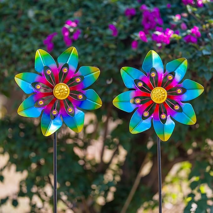 VEWOGARDEN 2 Pack Wind Spinners Outdoor, Metal Wind Spinner with Flower Design for Yard Garden Lawn Decorations, Colorful