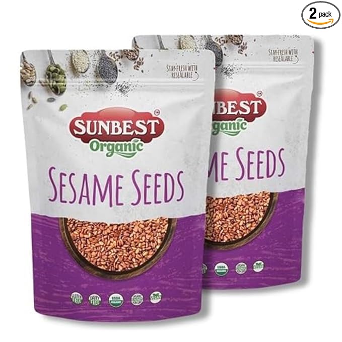 Sunbest Natural Organic Brown Sesame Seeds 32 oz.(2 lb) - USDA Organic, Non-GMO, Vegan, Gluten-free, Kosher - Fresh & Nutrient-Rich Snack, Topping, Baking - 2-Pack 16 oz