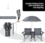 Goplus Double Camping Chair with Umbrella, Folding Loveseat Chairs w/Canopy Shade, Carrying Bag, Table, Cup Holder, Portable Beach Chairs Outdoor Picnic Patio (Grey)