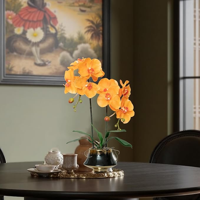 CXGS Orchids Artificial Flowers Realistic Fake Flowers in Ceramic Vase 20" Orange Faux Plants Indoor Lifelike Soft PU Phalaenopsis for Centerpiece Hotel Home Decor