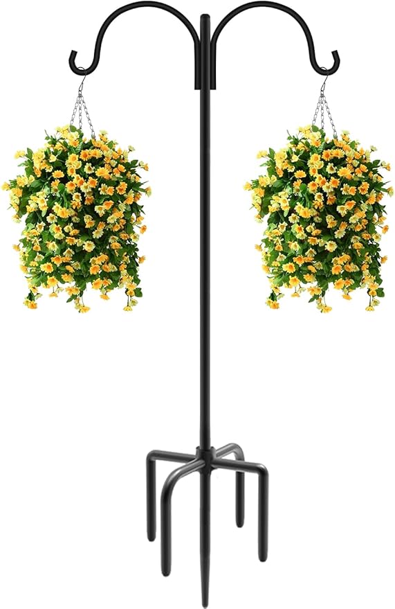 Artibear Double Shepherd Hooks for Outdoor, 76" Heavy Duty Bird Feeder Hangers Garden Hooks with 5-Prong Base, Outside Hanging Pole for Plant Baskets, Solar Light Lanterns, Wind Chimes, 1 Pack