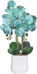 Orchids Artificial Plant in Ceramic Pot 18.5" Faux Orchid Phalaenopsis Flowers Arrangement for Home Office Table Centerpiece Indoor Decor, Teal Blue
