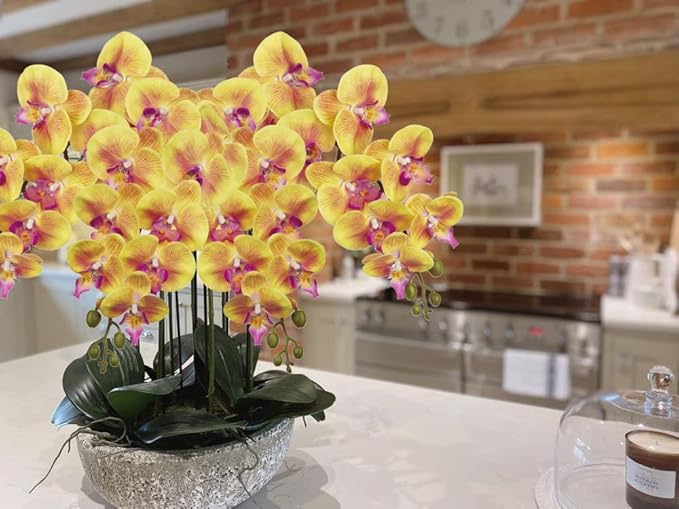 DILATATA Artificial Orchid Flowers 9 Large Heads of Real Touch Vivid Phalaenopsis Orchid Flower Stem 36'' Tall, Artificial Flowers Branches for Home Decor, Office House Decor-Yellow Orchids Flowers