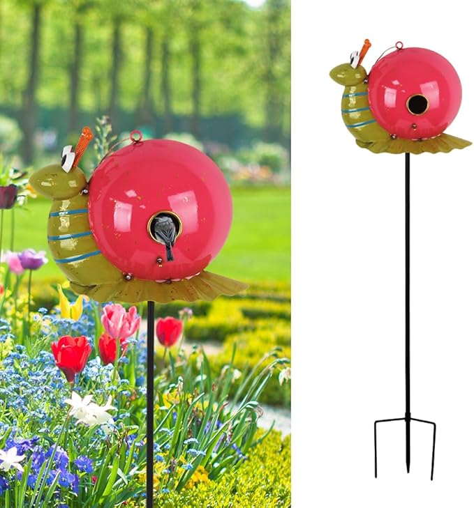 37" Bird Houses for Outside, Outdoor Metal Snail Birdhouse with Hanging String & Poles for Patio, Yard, Garden