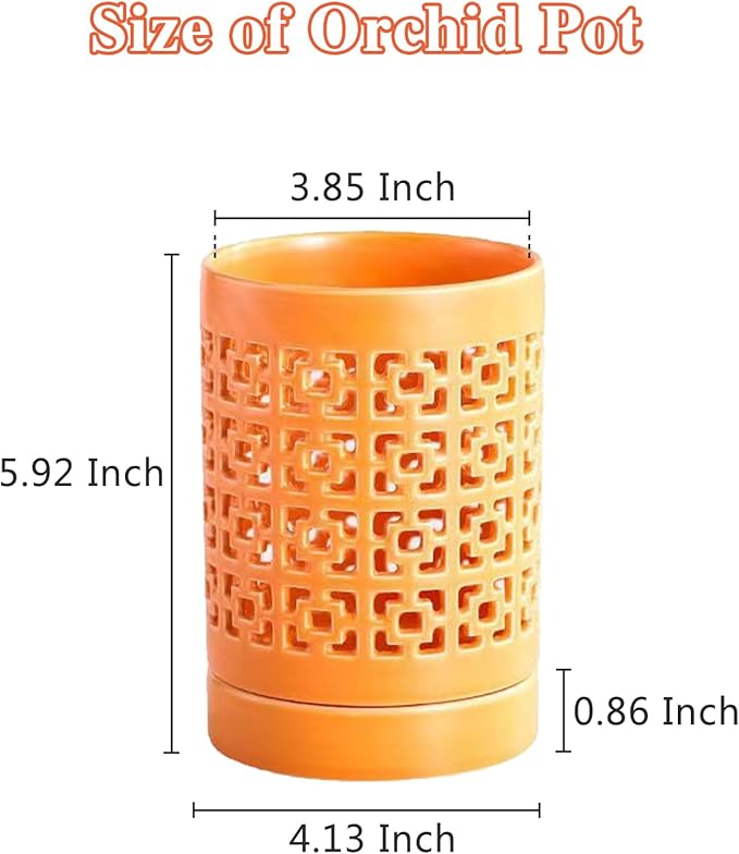 Orchid Pots with Holes 4 Inch, Ceramic Orchid Pot for Repotting with Saucers,More Ventilation Hole Easy Breathing, Plant Pot for Repotting Orchids and Other Flowers - Indoor/Outdoor Orange