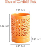 Orchid Pots with Holes 4 Inch, Ceramic Orchid Pot for Repotting with Saucers,More Ventilation Hole Easy Breathing, Plant Pot for Repotting Orchids and Other Flowers - Indoor/Outdoor Orange