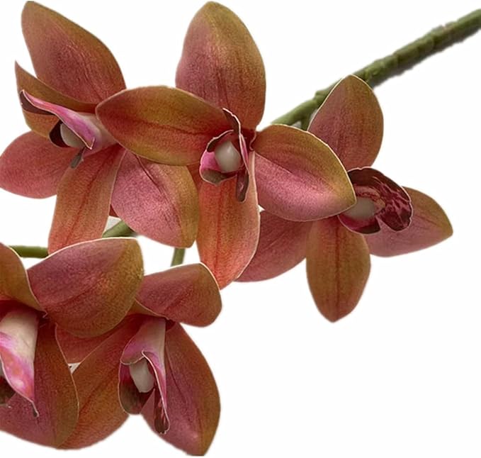 4pcs Artificial Cymbidium Orchid Flower Plant 3D Print Vanda 10 Heads Latex Phalaenopsis Flower (Orange Pink)
