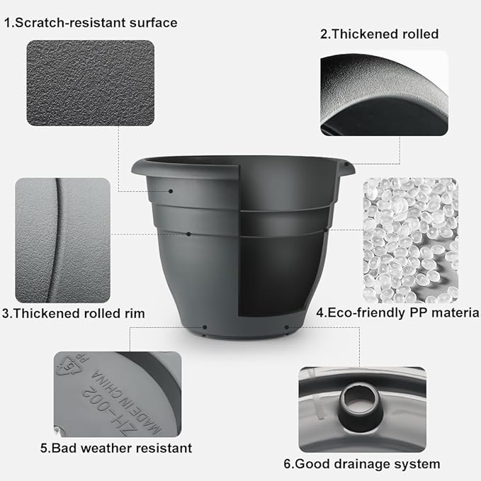 3 Pack 16 Inch Large Plant Pots with Rolling Saucers & Drainage Holes,Heavy Duty Plastic Planters for Indoor Outdoor Plants,Large Flower Pots with Wheels for Tall Plants(Black)