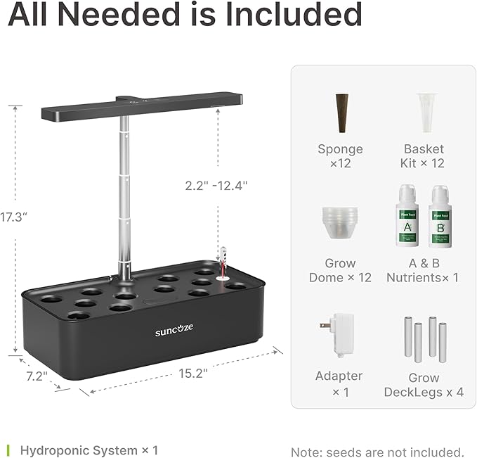 SUNCOZE Hydroponics Growing System Kit 12 Pods, 24W LED Grow Light Indoor Garden, 4L Water Tank with Quiet Pump, Adjustable Height Herb Garden Planter Indoor Kit, Gardening Gifts, Black