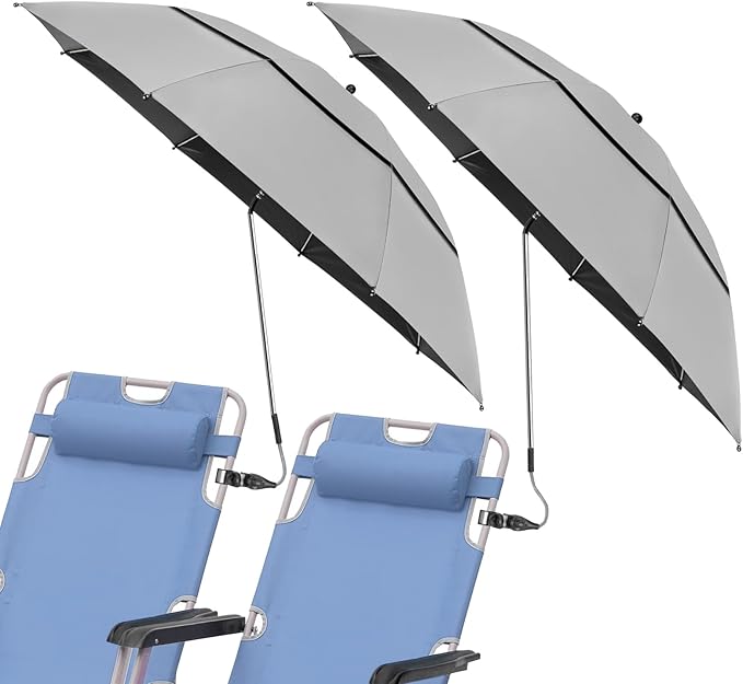 2 Pack 40.9'' Beach Chair Umbrella with 360° Adjustable Canopy & 270° Flexible Clamp, Double Canopy Sun Protection for Wheelchair, Patio, Golf Cart, Camping