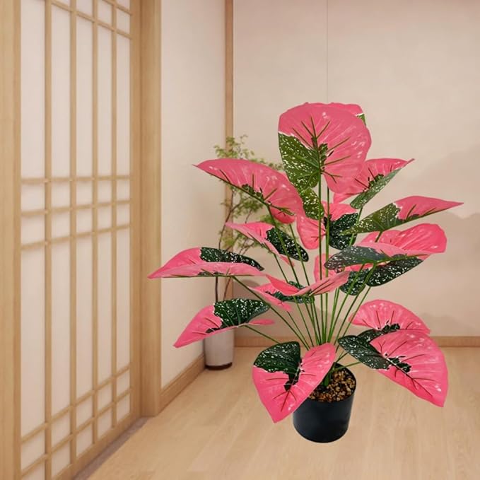 Artificial Caladium Plant with Red and Green Leaves, Red Leaf Artificial Plants Decoration Simulated Bonsai Potted Decor Home Room Party Wedding Office Floor(Rosered(No Flowerpot), 75cm)
