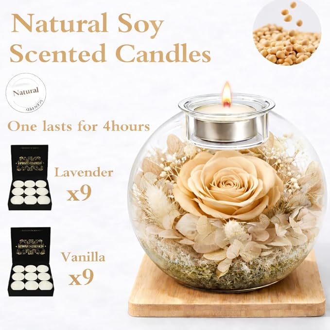 Preserved Real Rose in Glass with Scented Candles for Mom Her Wife Girlfriend Grandma Birthday Anniversary Romantic