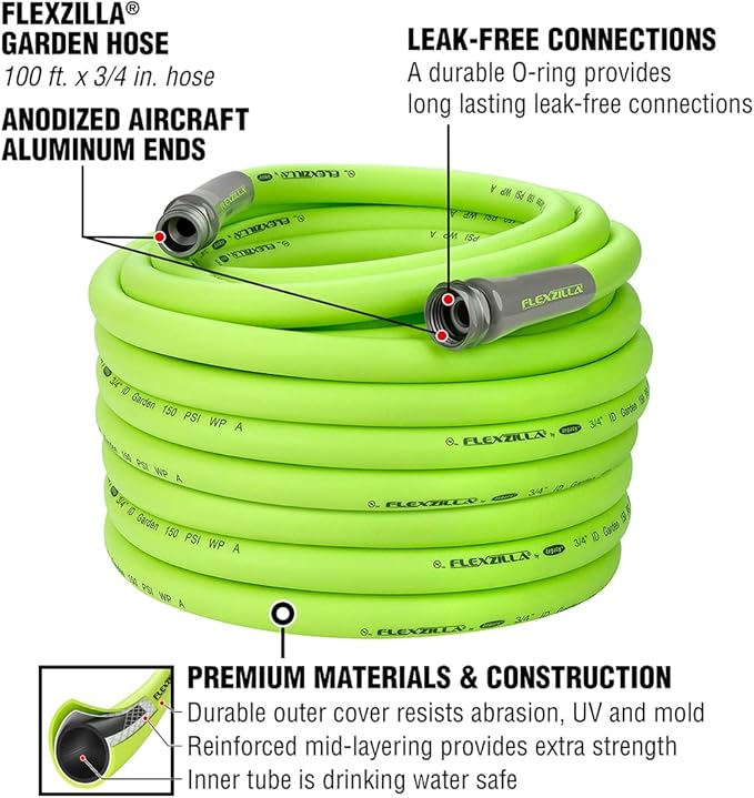 Flexzilla Garden Hose 3/4 in. x 100 ft., Lightweight All-Weather Water Hose, Durable and Flexible, Leak-Free Connections