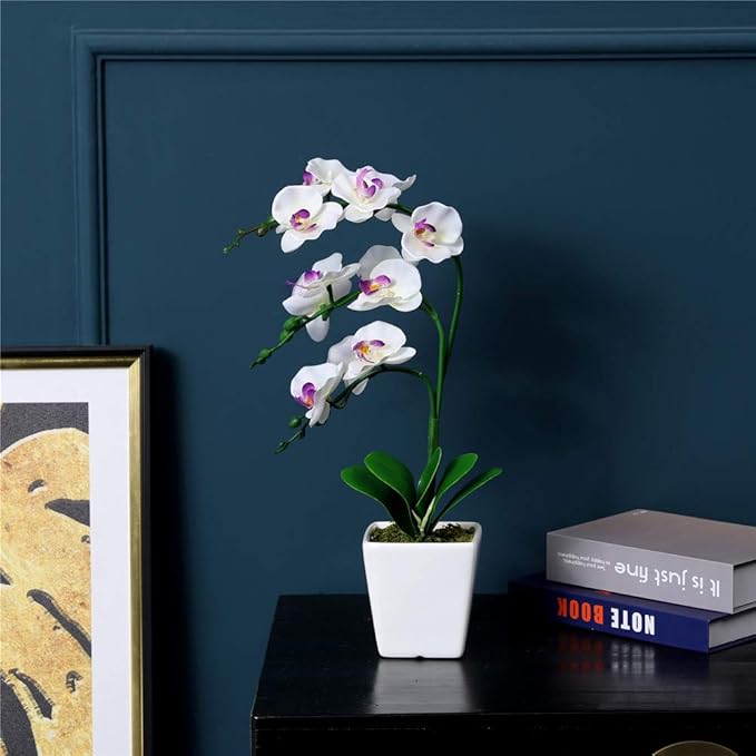 15" Tall Artificial Silk Phalaenopsis Orchid Flower Plant Pot Arrangements (White)