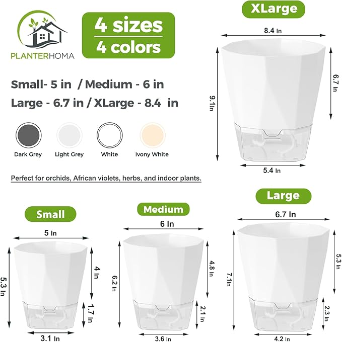 5 Pack Self Watering Plant Pots 6.7 Inches Self Watering Planters for Indoor and Outdoor Plants African Violet Self Watering Pots Clear Pots for Plants Herb Orchid Flower Houseplant Pots, White