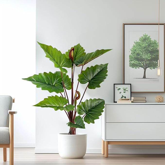 55in Tall Artificial Elephant Ear Plant - 9 Large Faux Tropical Leaves for Indoor Outdoor Jungle Decor Pet-Safe, Bendable Stems(4.6FT-1Pack)