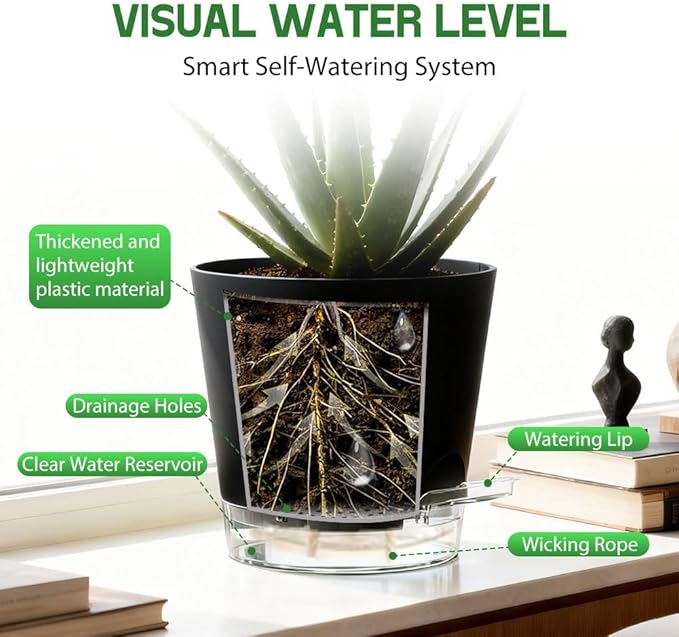 Self Watering Pots for Plants, 2026 New Flower Plant Pots with Drainage Holes, Wicking and Clear Reservoirs for Succulent, Aloe, Cacti and Others - 6 Pack (Black, 6")